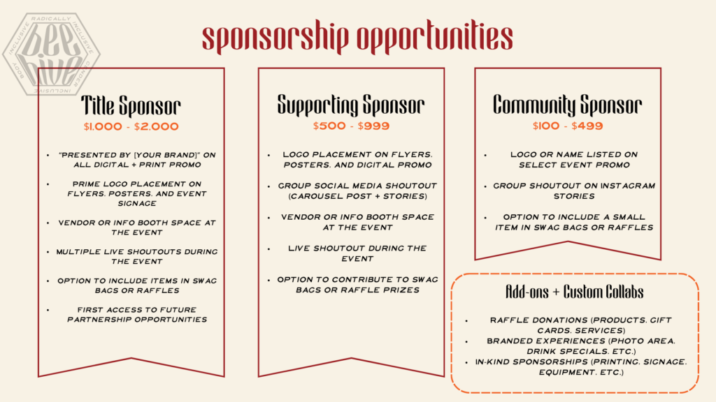 sponsorship opportunities Title Sponsor: $1,000 - $2,000 “Presented by [your brand]” on all digital + print promo Prime logo placement on flyers, posters, and event signage Vendor or info booth space at the event Multiple live shoutouts during the event Option to include items in swag bags or raffles First access to future partnership opportunities Supporting Sponsor: $500 - $999 Logo placement on flyers, posters, and digital promo Group social media shoutout (carousel post + stories) Vendor or info booth space at the event Live shoutout during the event Option to contribute to swag bags or raffle prizes Community Sponsor: $100 - $499 Logo or name listed on select event promo Group shoutout on Instagram Stories Option to include a small item in swag bags or raffles Add-ons + Custom Collabs: Raffle donations (products, gift cards, services) Branded experiences (photo area, drink specials, etc.) In-kind sponsorships (printing, signage, equipment, etc.)